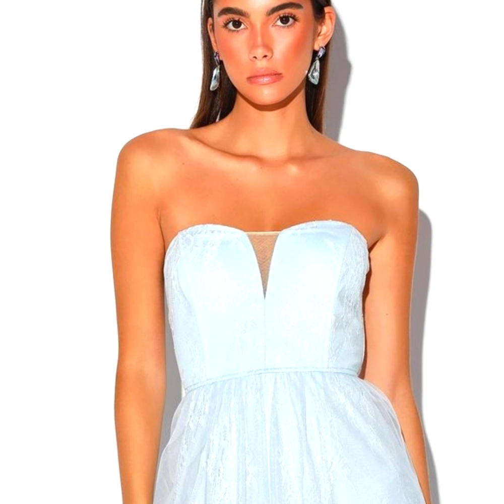 Lulus Sweet Admiration Baby Blue Lace Tulle Strapless Maxi Dress NEW!!!